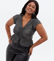 New Look Curves Silver Glitter Ruched Peplum Top